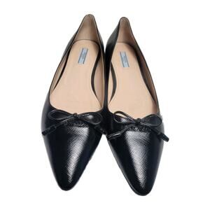 Prada Saffiano Leather Ballet Flats Black Pointed Toe Bow EU 40.5/US 9.5